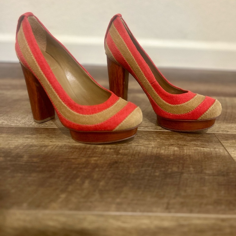 Tory Burch Red and Tan Striped Heels
